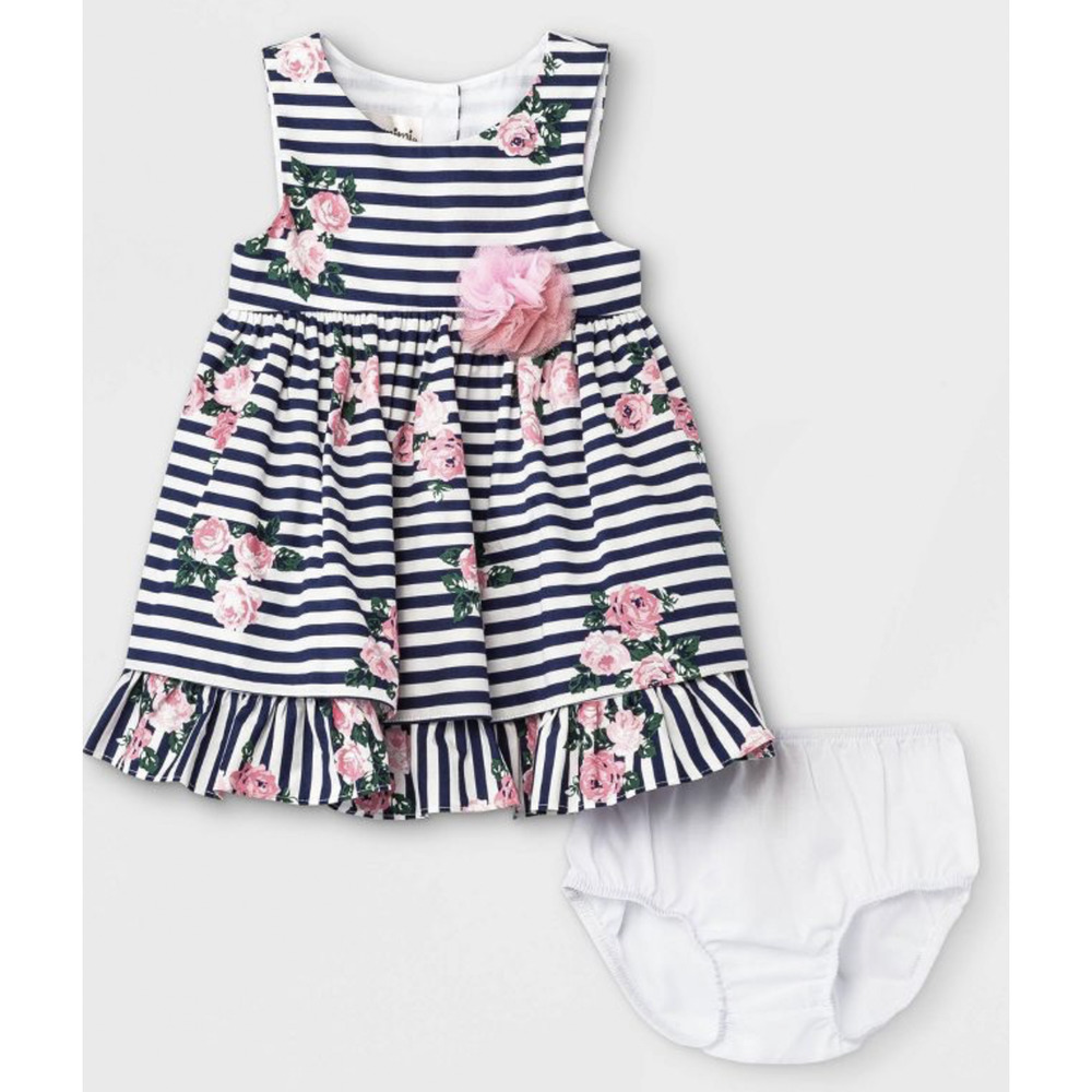 Mia & Mimi Baby Girls' Floral Striped Dress - Navy 0/3M